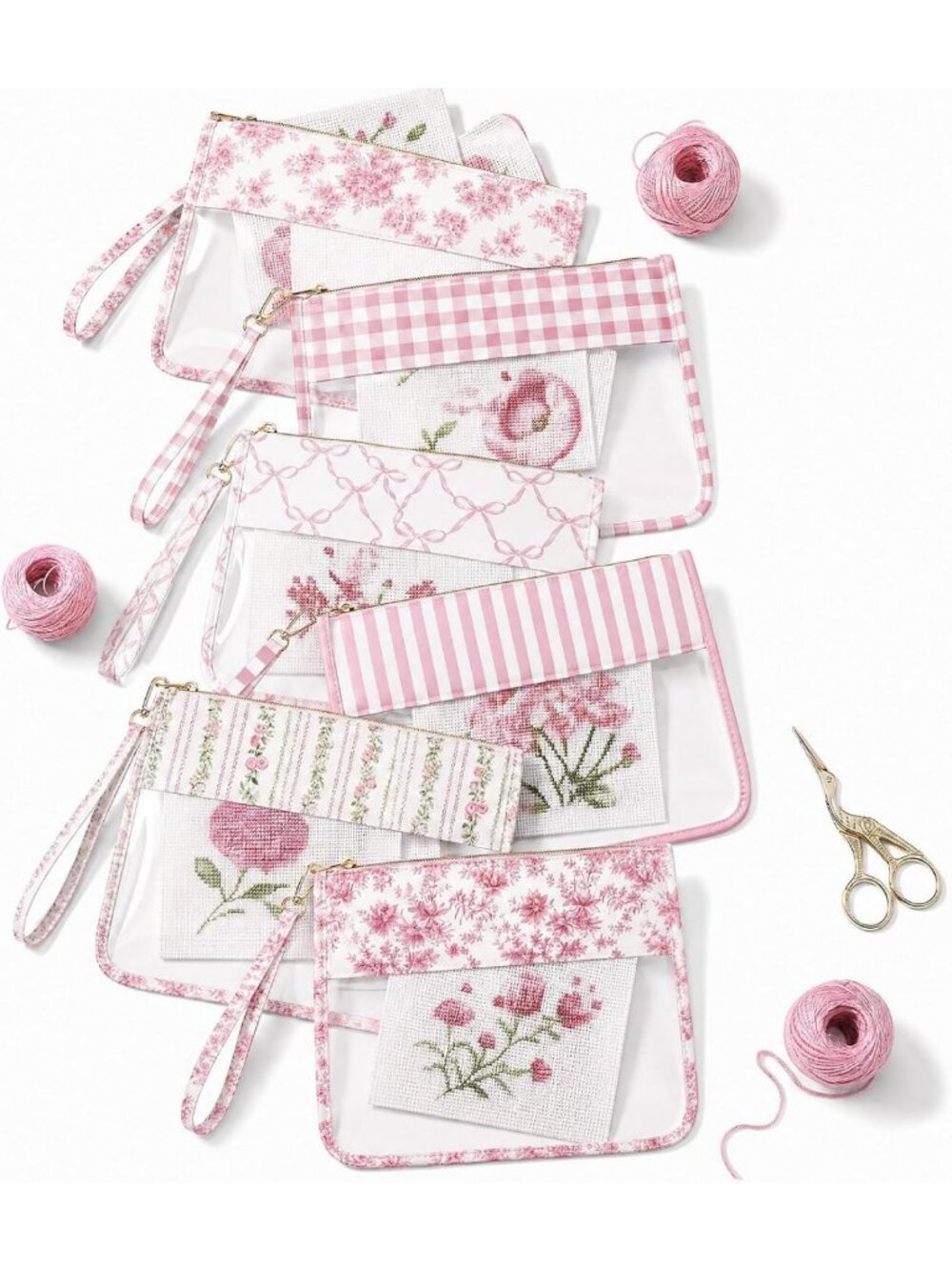 Floral Needlepoint Project Bags - 6 Pack Pink Bow Pouches, 11"x13.8